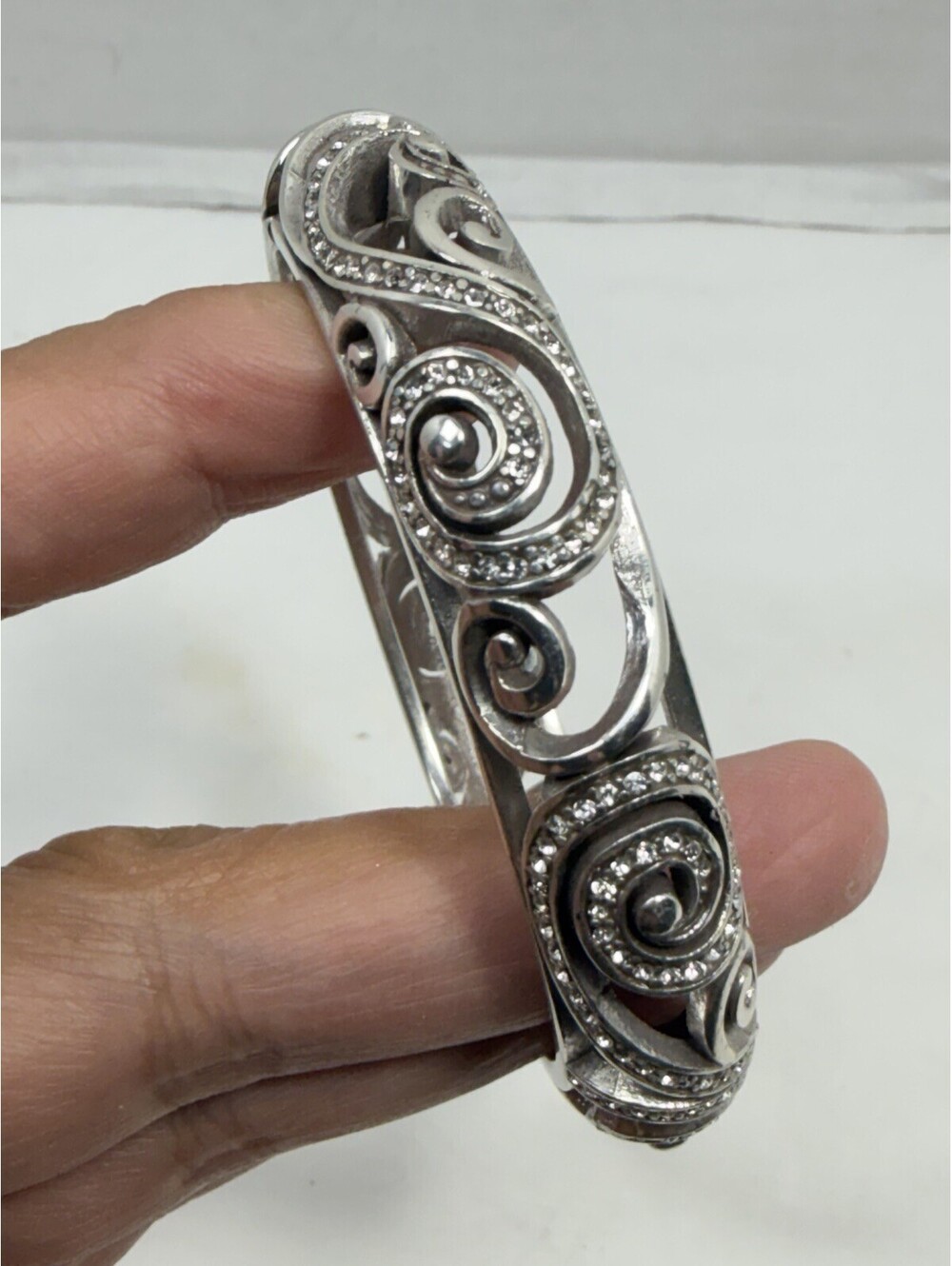 Vintage Brighton Anahita Scrolled Crystal Hinged Bangle Bracelet Silver Plated